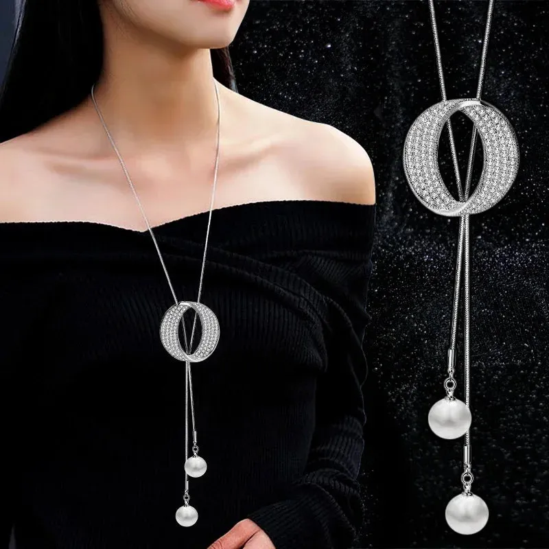 2024 New Flower Silver Color Long Necklace Temperament Women Pendant Dress Accessories Sweater Necklace Korean Jewelry