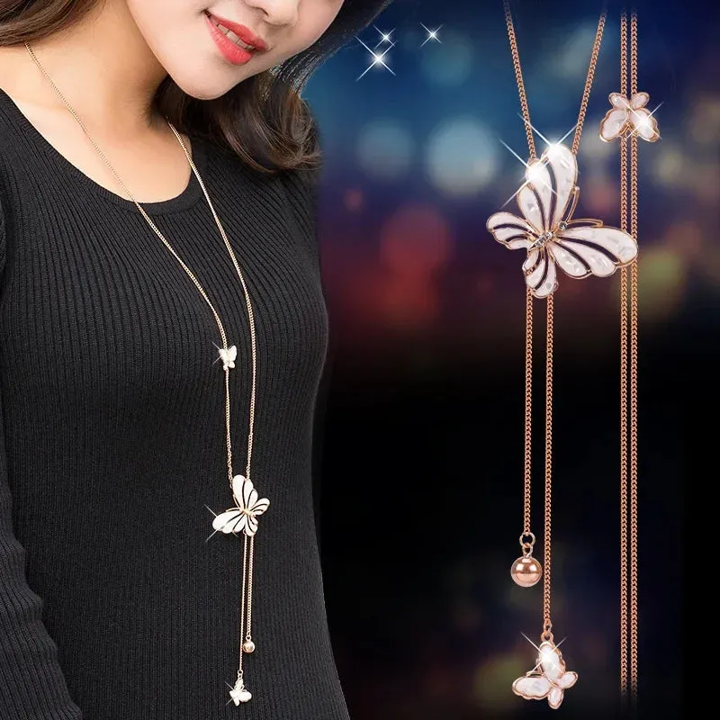 2024 New Flower Silver Color Long Necklace Temperament Women Pendant Dress Accessories Sweater Necklace Korean Jewelry