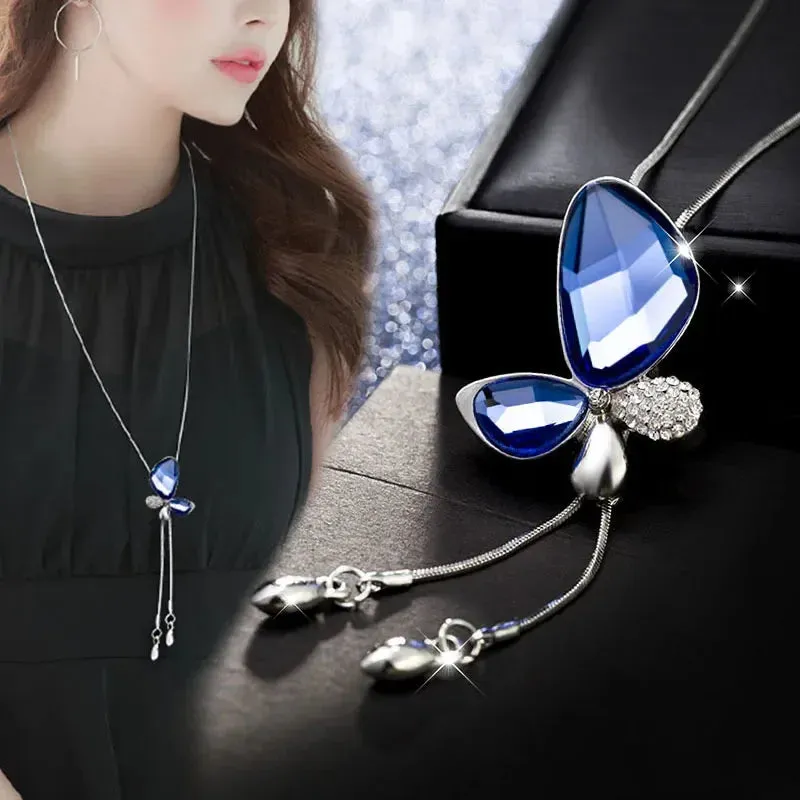 2024 New Flower Silver Color Long Necklace Temperament Women Pendant Dress Accessories Sweater Necklace Korean Jewelry