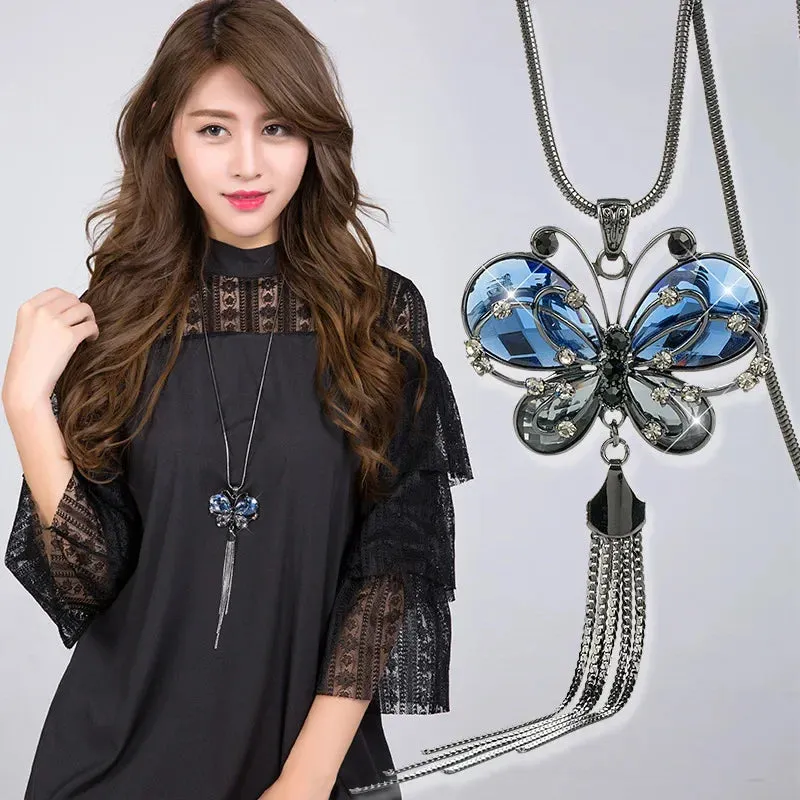 2024 New Flower Silver Color Long Necklace Temperament Women Pendant Dress Accessories Sweater Necklace Korean Jewelry