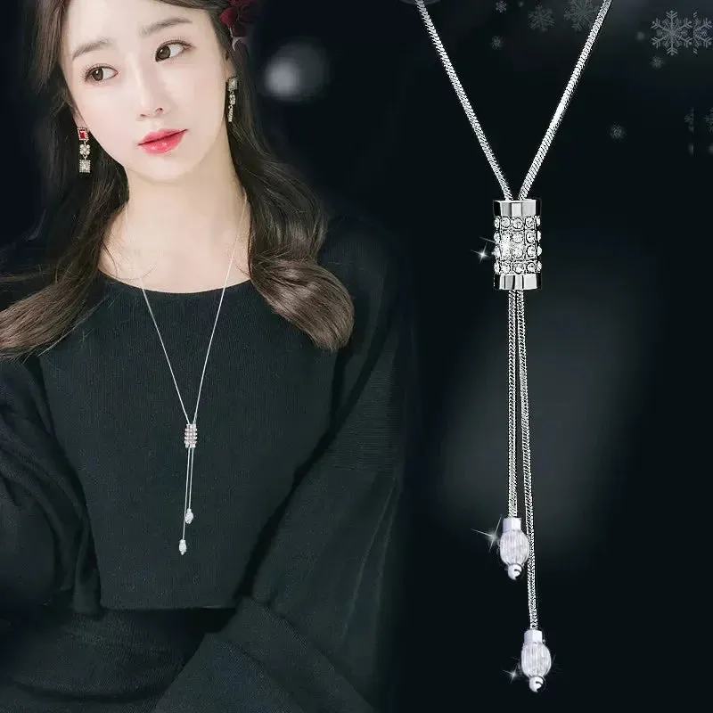 2024 New Flower Silver Color Long Necklace Temperament Women Pendant Dress Accessories Sweater Necklace Korean Jewelry