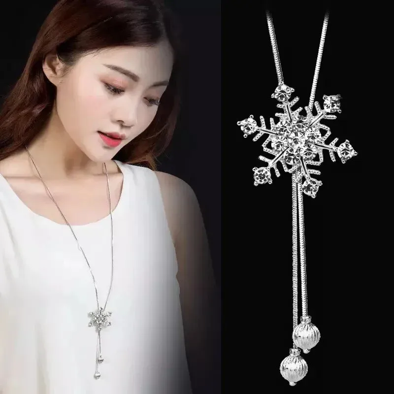 2024 New Flower Silver Color Long Necklace Temperament Women Pendant Dress Accessories Sweater Necklace Korean Jewelry