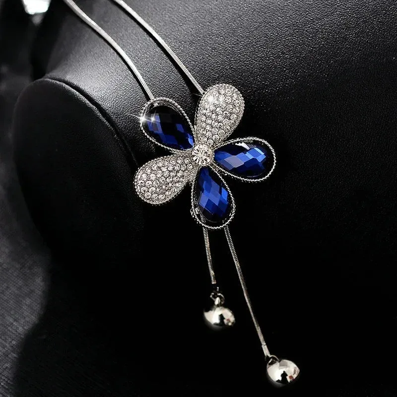 2024 New Flower Silver Color Long Necklace Temperament Women Pendant Dress Accessories Sweater Necklace Korean Jewelry