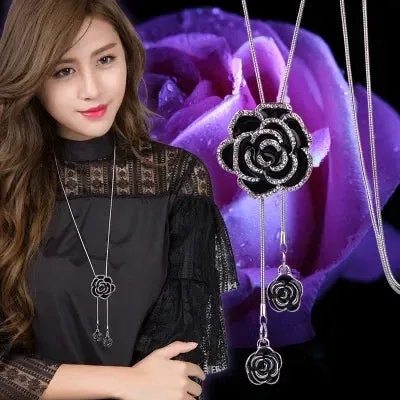 2024 New Flower Silver Color Long Necklace Temperament Women Pendant Dress Accessories Sweater Necklace Korean Jewelry
