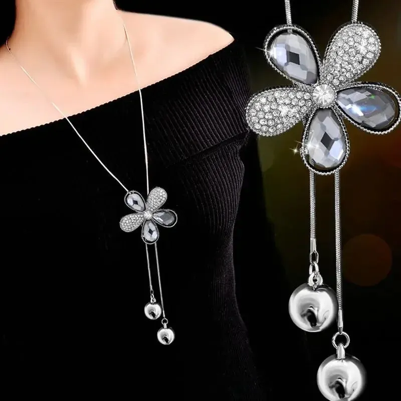 2024 New Flower Silver Color Long Necklace Temperament Women Pendant Dress Accessories Sweater Necklace Korean Jewelry
