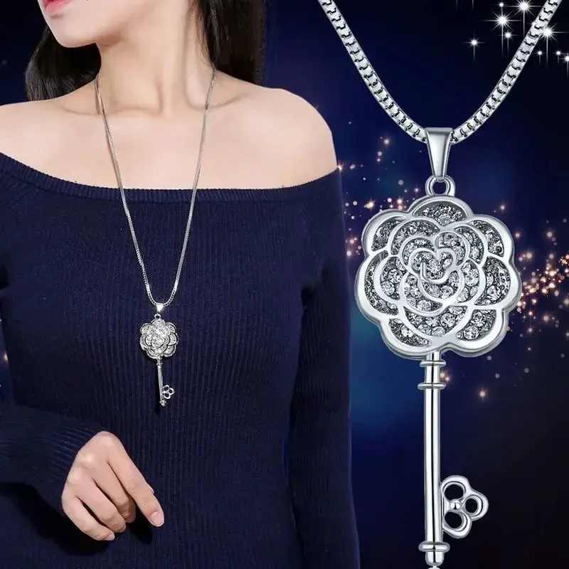 2024 New Flower Silver Color Long Necklace Temperament Women Pendant Dress Accessories Sweater Necklace Korean Jewelry