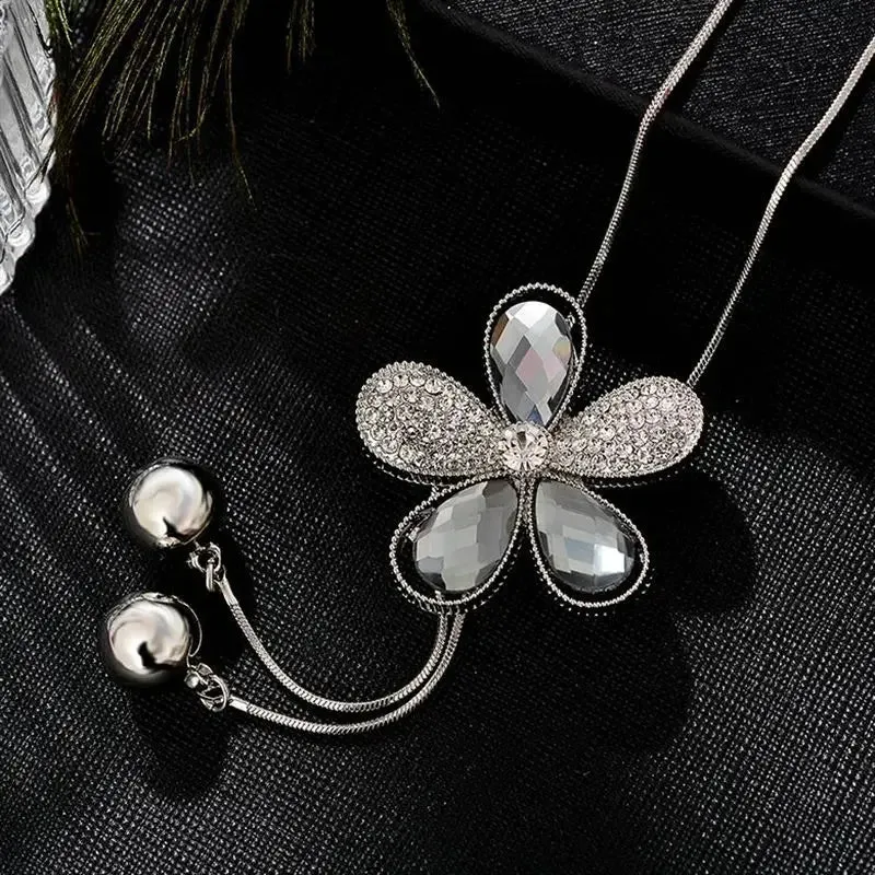 2024 New Flower Silver Color Long Necklace Temperament Women Pendant Dress Accessories Sweater Necklace Korean Jewelry