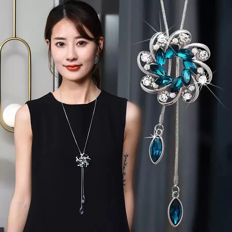 2024 New Flower Silver Color Long Necklace Temperament Women Pendant Dress Accessories Sweater Necklace Korean Jewelry