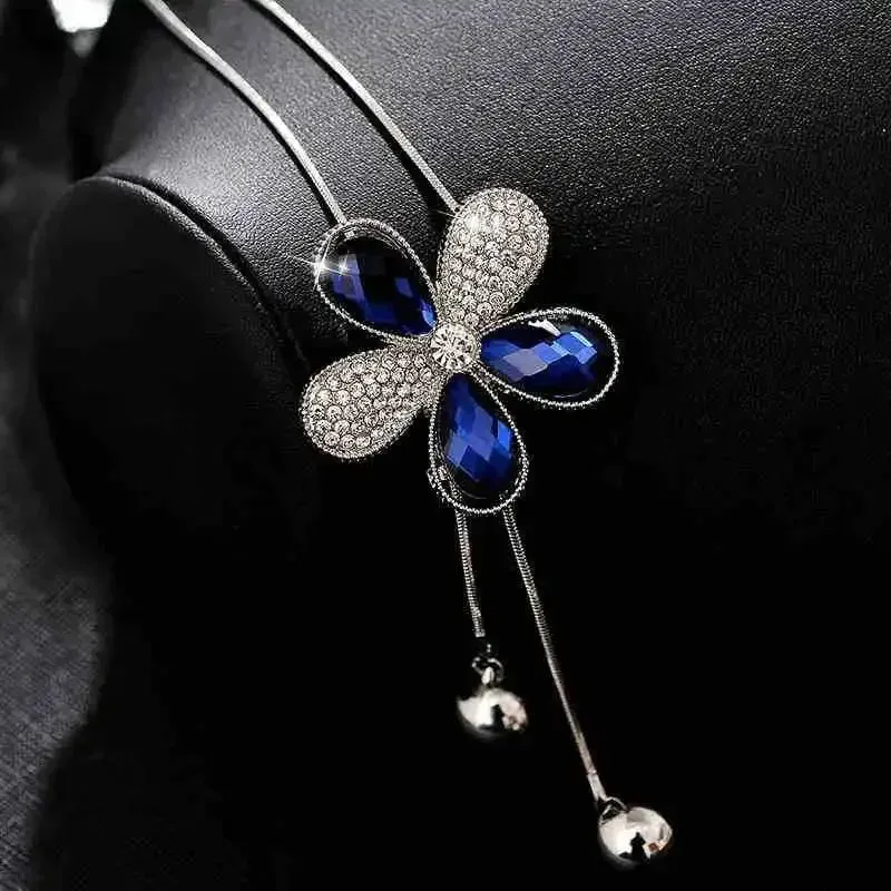 2024 New Flower Silver Color Long Necklace Temperament Women Pendant Dress Accessories Sweater Necklace Korean Jewelry