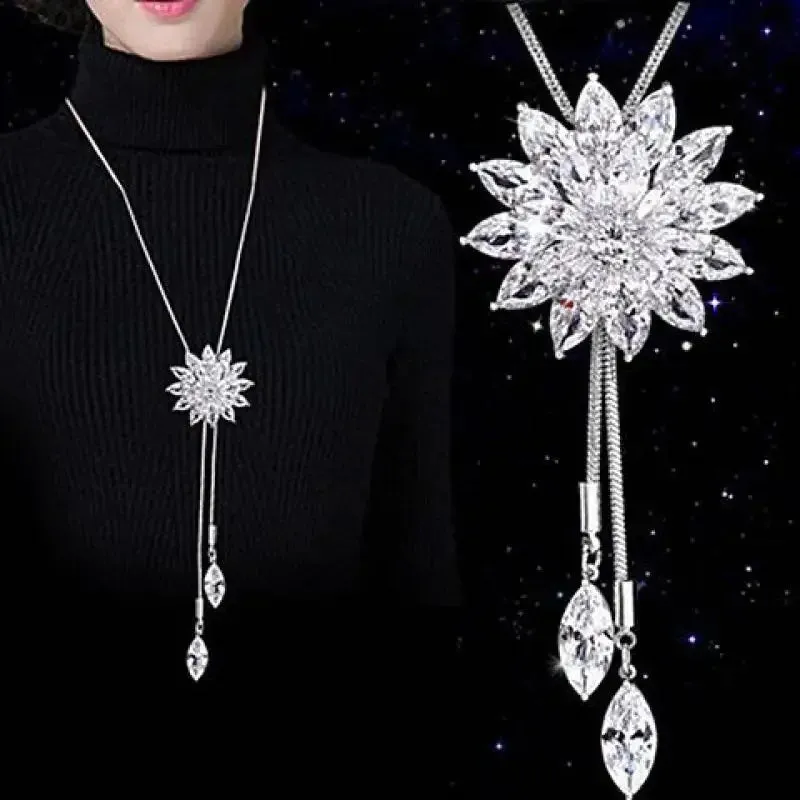 2024 New Flower Silver Color Long Necklace Temperament Women Pendant Dress Accessories Sweater Necklace Korean Jewelry