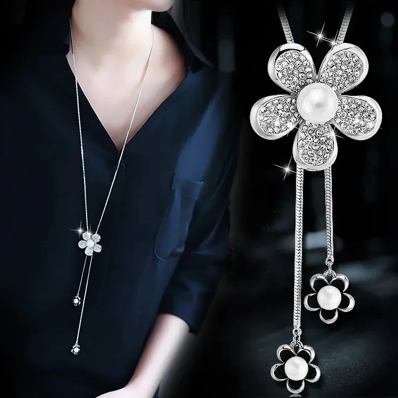 2024 New Flower Silver Color Long Necklace Temperament Women Pendant Dress Accessories Sweater Necklace Korean Jewelry