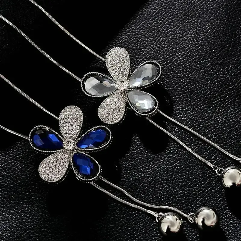 2024 New Flower Silver Color Long Necklace Temperament Women Pendant Dress Accessories Sweater Necklace Korean Jewelry