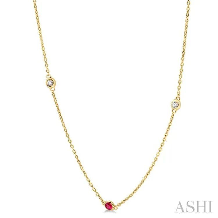 2.25 MM Ruby and 1/4 ctw Round Cut Diamond Precious Station Necklace in 14K Yellow Gold