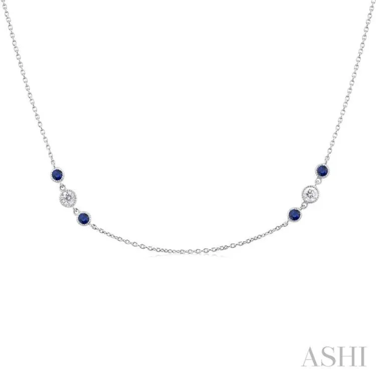 2.25 MM Sapphire and 1/2 ctw Round Cut Diamond Precious Station Necklace in 14K White Gold