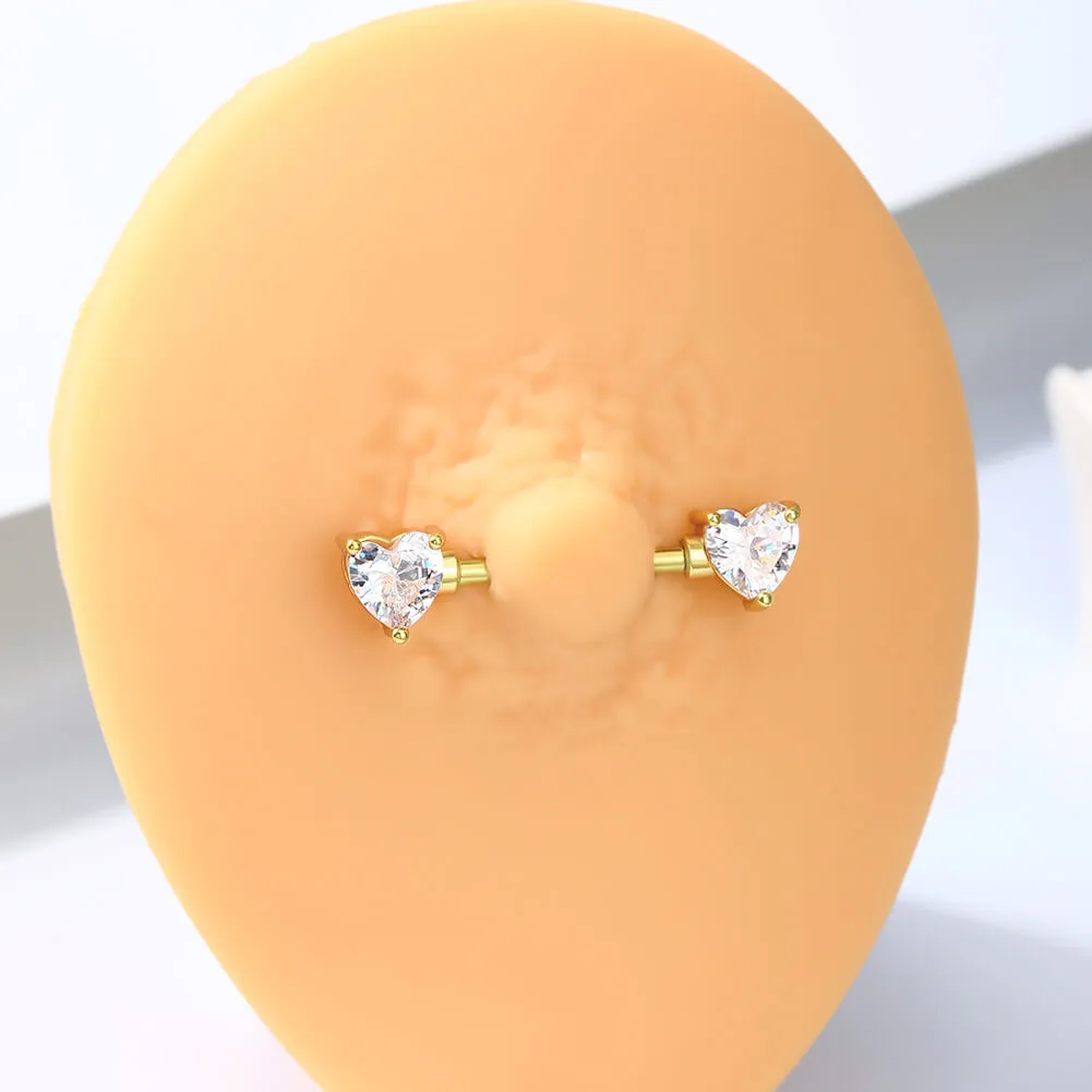 2Pcs 14K Solid Gold Heart CZ Nipple Barbell Set