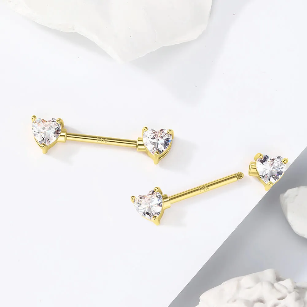 2Pcs 14K Solid Gold Heart CZ Nipple Barbell Set