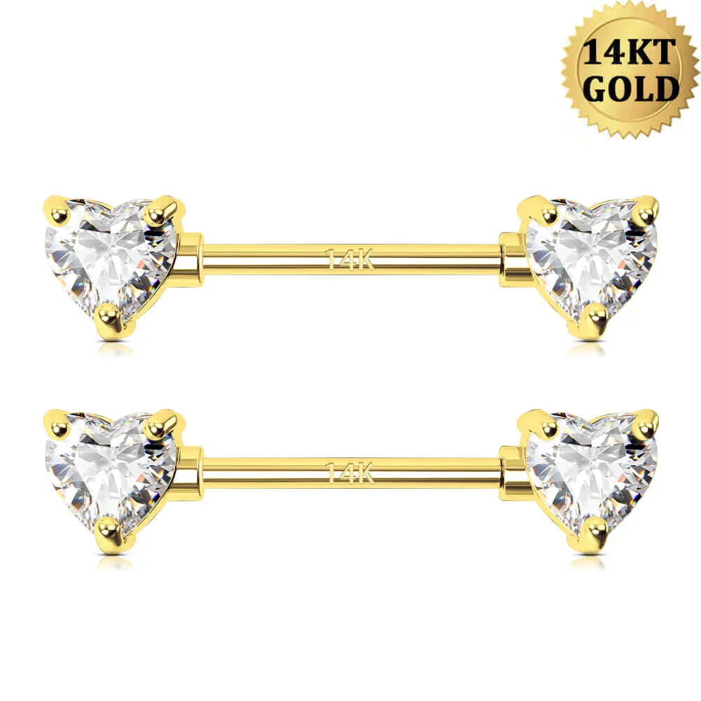 2Pcs 14K Solid Gold Heart CZ Nipple Barbell Set