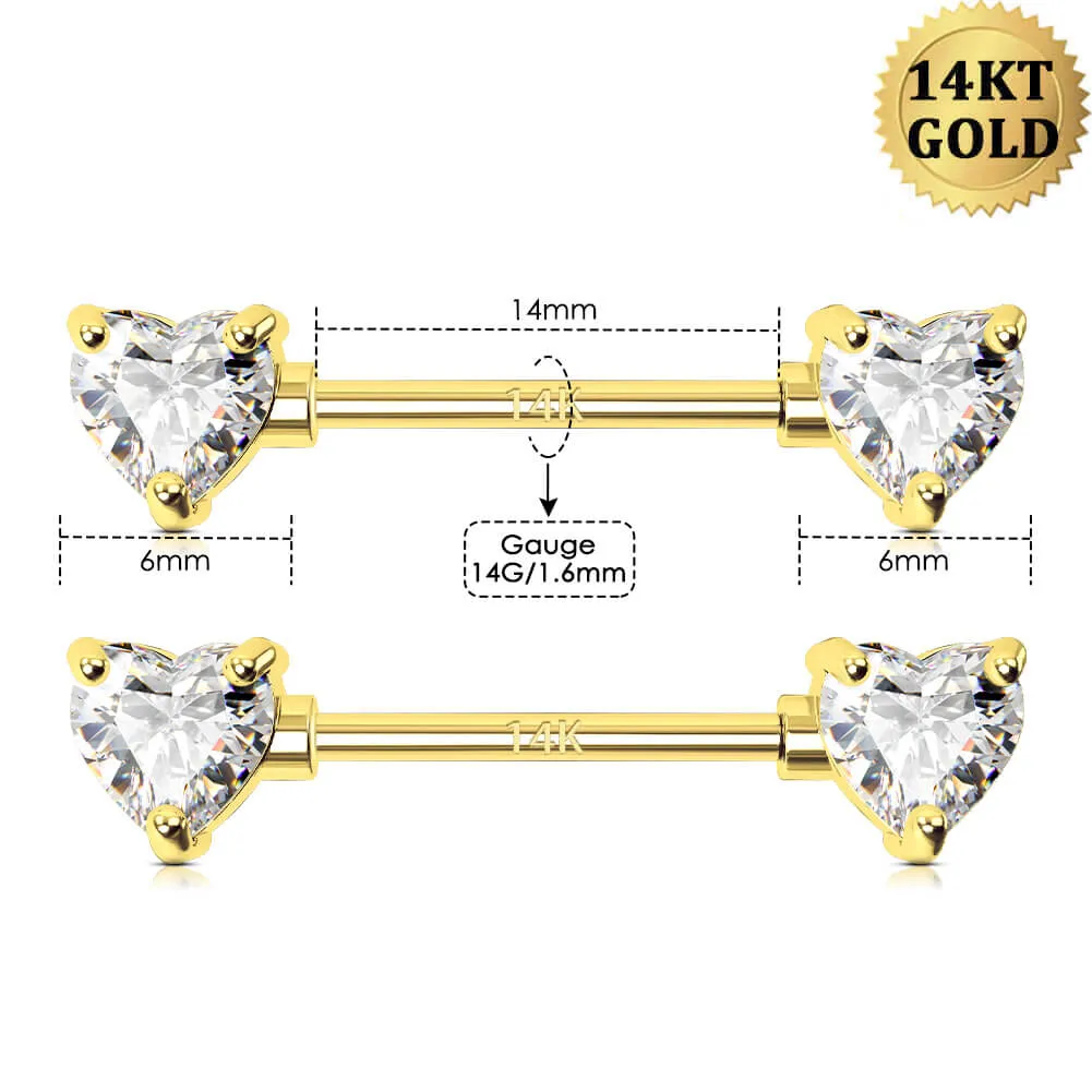 2Pcs 14K Solid Gold Heart CZ Nipple Barbell Set