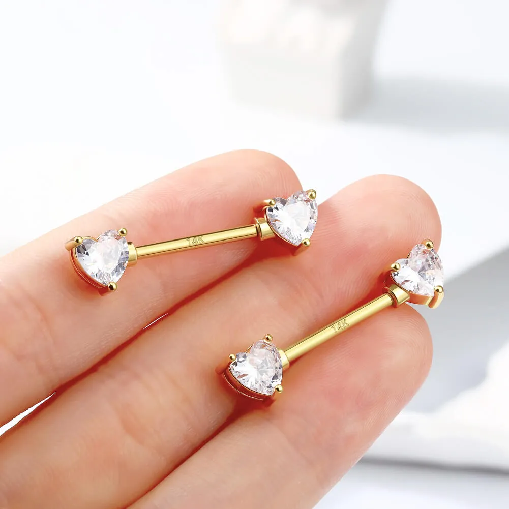 2Pcs 14K Solid Gold Heart CZ Nipple Barbell Set