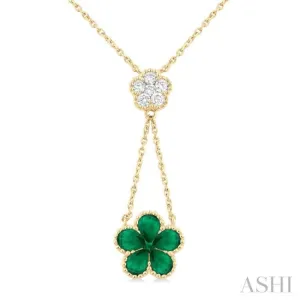 4x3 MM Pear Cut & 1.8 MM Round Emerald and 1/5 ctw Round Cut Diamond Floral Blossom Precious Necklace in 14K Yellow Gold