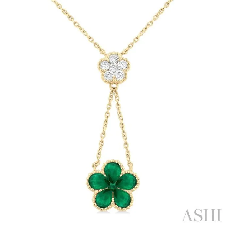 4x3 MM Pear Cut & 1.8 MM Round Emerald and 1/5 ctw Round Cut Diamond Floral Blossom Precious Necklace in 14K Yellow Gold