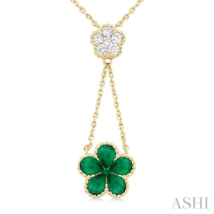 4x3 MM Pear Cut & 1.8 MM Round Emerald and 1/5 ctw Round Cut Diamond Floral Blossom Precious Necklace in 14K Yellow Gold