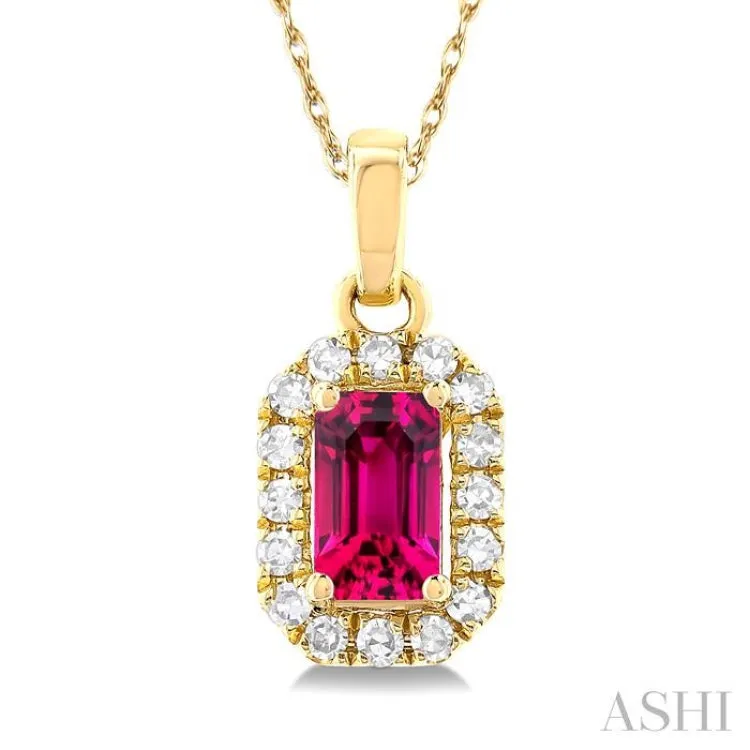 5x3 MM Octagonal Shape Pink Tourmaline and 1/20 ctw Single Cut Diamond Halo Semi Precious Pendant with Chain in 14K Yellow Gold