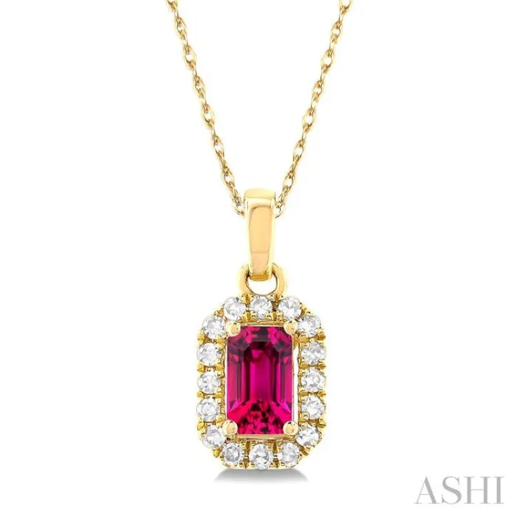 5x3 MM Octagonal Shape Pink Tourmaline and 1/20 ctw Single Cut Diamond Halo Semi Precious Pendant with Chain in 14K Yellow Gold