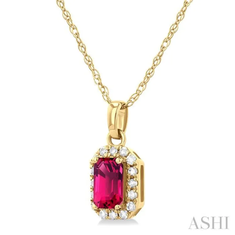 5x3 MM Octagonal Shape Pink Tourmaline and 1/20 ctw Single Cut Diamond Halo Semi Precious Pendant with Chain in 14K Yellow Gold