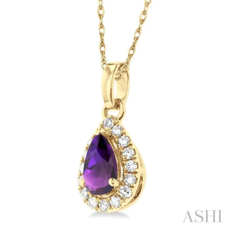 5x3 MM Pear Shape Amethyst and 1/20 ctw Single Cut Diamond Halo Semi Precious Pendant with Chain in 14K Yellow Gold
