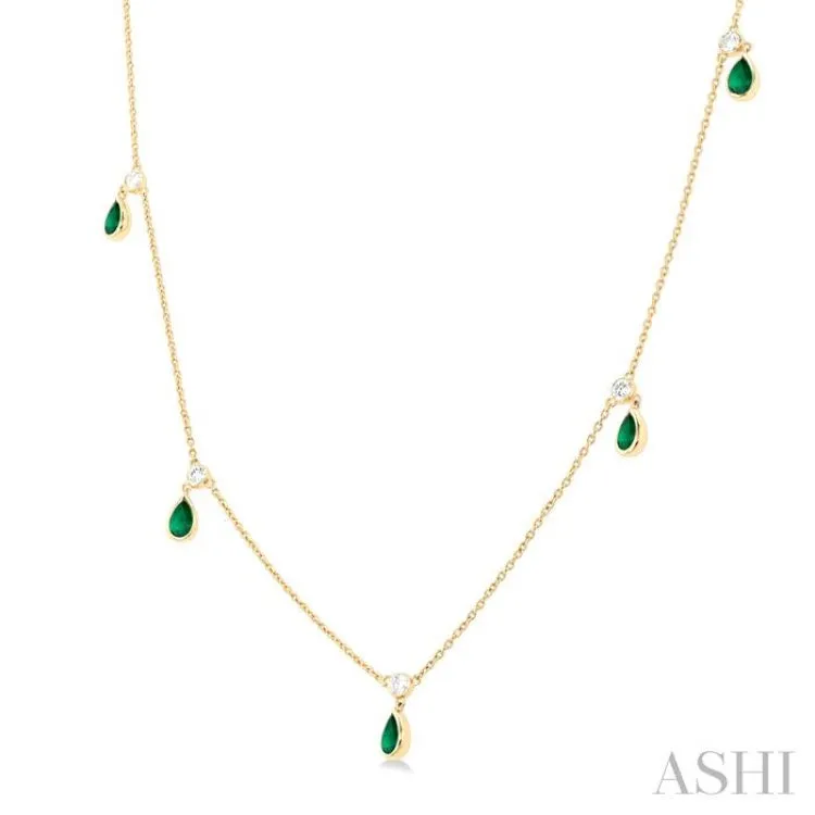 5x3 MM Pear Shape Emerald and 1/4 ctw Round Cut Diamonds Precious Station Necklace in 10K Yellow Gold