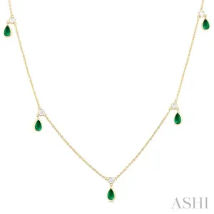 5x3 MM Pear Shape Emerald and 1/4 ctw Round Cut Diamonds Precious Station Necklace in 10K Yellow Gold