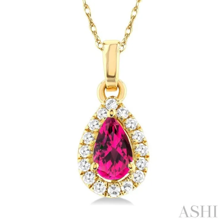 5x3 MM Pear Shape Pink Tourmaline and 1/20 ctw Single Cut Diamond Halo Semi Precious Pendant with Chain in 10K Yellow Gold