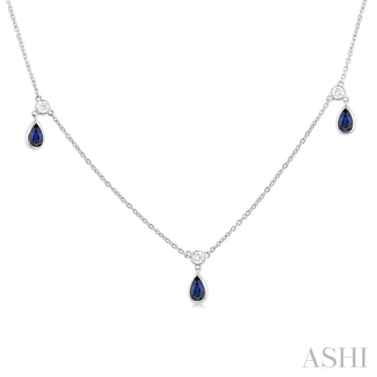 5x3 MM Pear Shape Sapphire and 1/4 ctw Round Cut Diamonds Precious Station Necklace in 14K White Gold