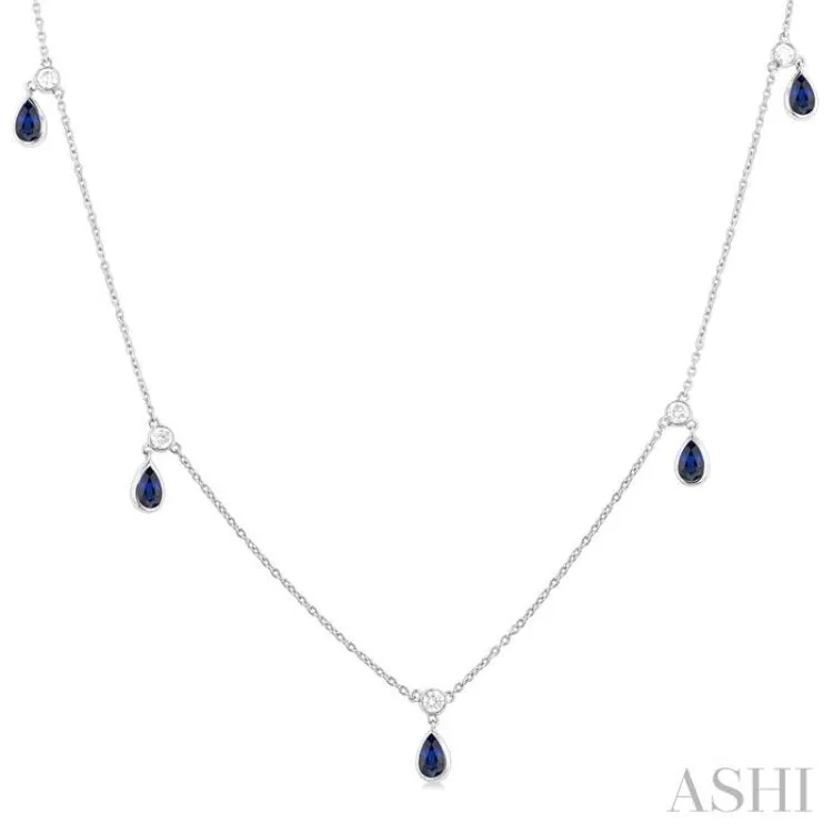 5x3 MM Pear Shape Sapphire and 1/4 ctw Round Cut Diamonds Precious Station Necklace in 14K White Gold
