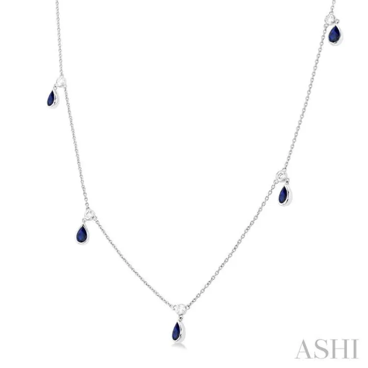 5x3 MM Pear Shape Sapphire and 1/4 ctw Round Cut Diamonds Precious Station Necklace in 14K White Gold