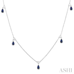 5x3 MM Pear Shape Sapphire and 1/4 ctw Round Cut Diamonds Precious Station Necklace in 14K White Gold
