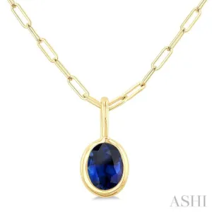 6x4 MM Bezel Set Oval Cut Sapphire Precious Fashion Pendant With Paperclip Chain in 10K Yellow Gold