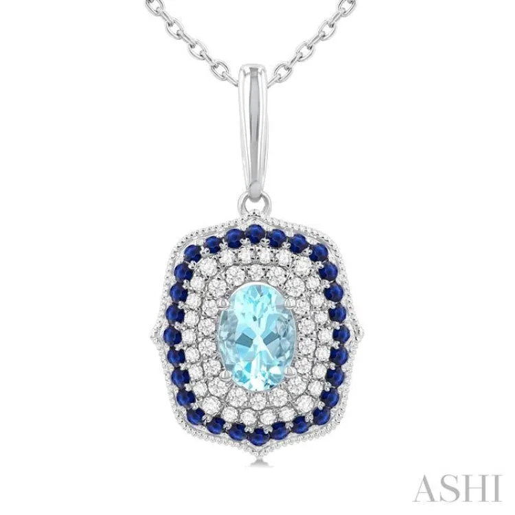 7x5 MM Oval Cut Aquamarine, 1.25MM Sapphire and 1/3 ctw Round Cut Diamond Halo Precious and Semi Precious Fashion Pendant With Chain in 14K White Gold