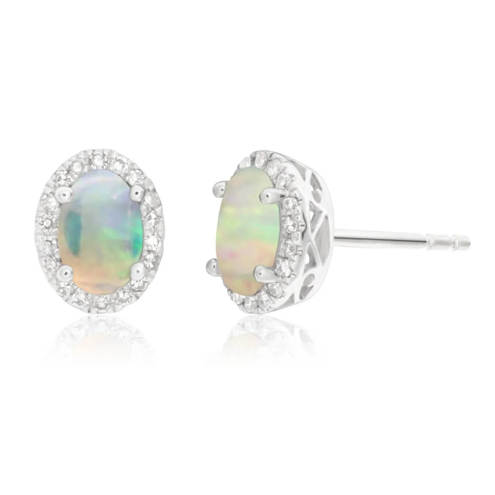 9ct White Gold 0.25ct Natural White Opal and Diamond Stud Earrings