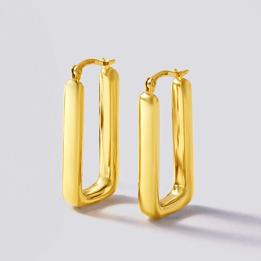 9ct Yellow Gold Silver Filled Bold Flat Rectangle Hoop Earrings