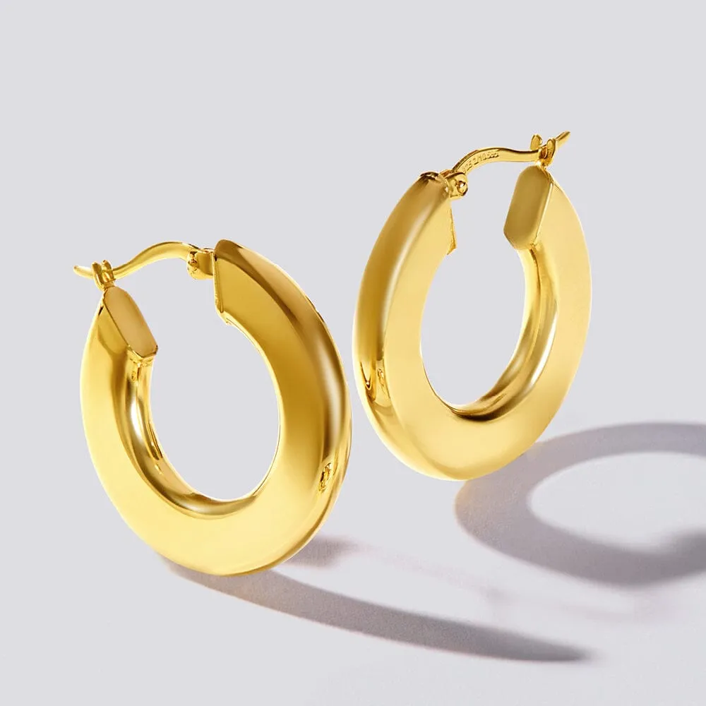 9ct Yellow Gold Silver Filled Medium Bold Round Flat Edged Hoop Earrings