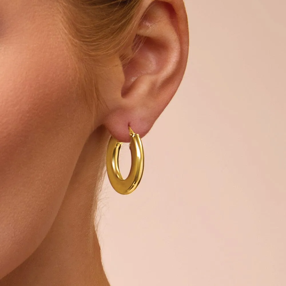 9ct Yellow Gold Silver Filled Medium Bold Round Flat Edged Hoop Earrings