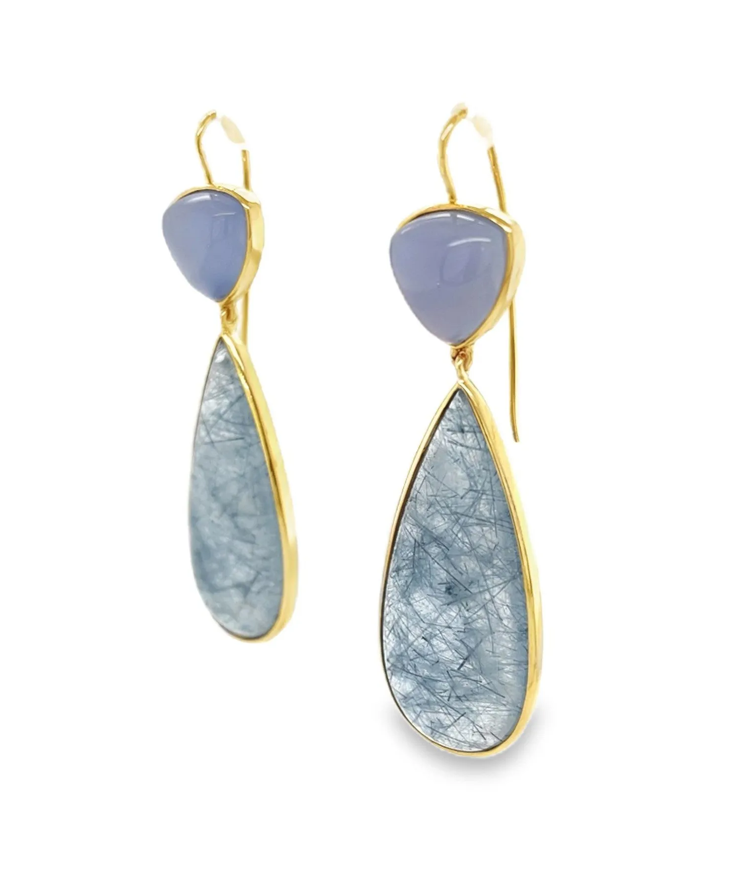 Actinolite and Chalcedony Dangle Earrings in Yellow Gold, 52.66 Carats Total