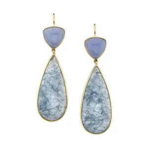 Actinolite and Chalcedony Dangle Earrings in Yellow Gold, 52.66 Carats Total