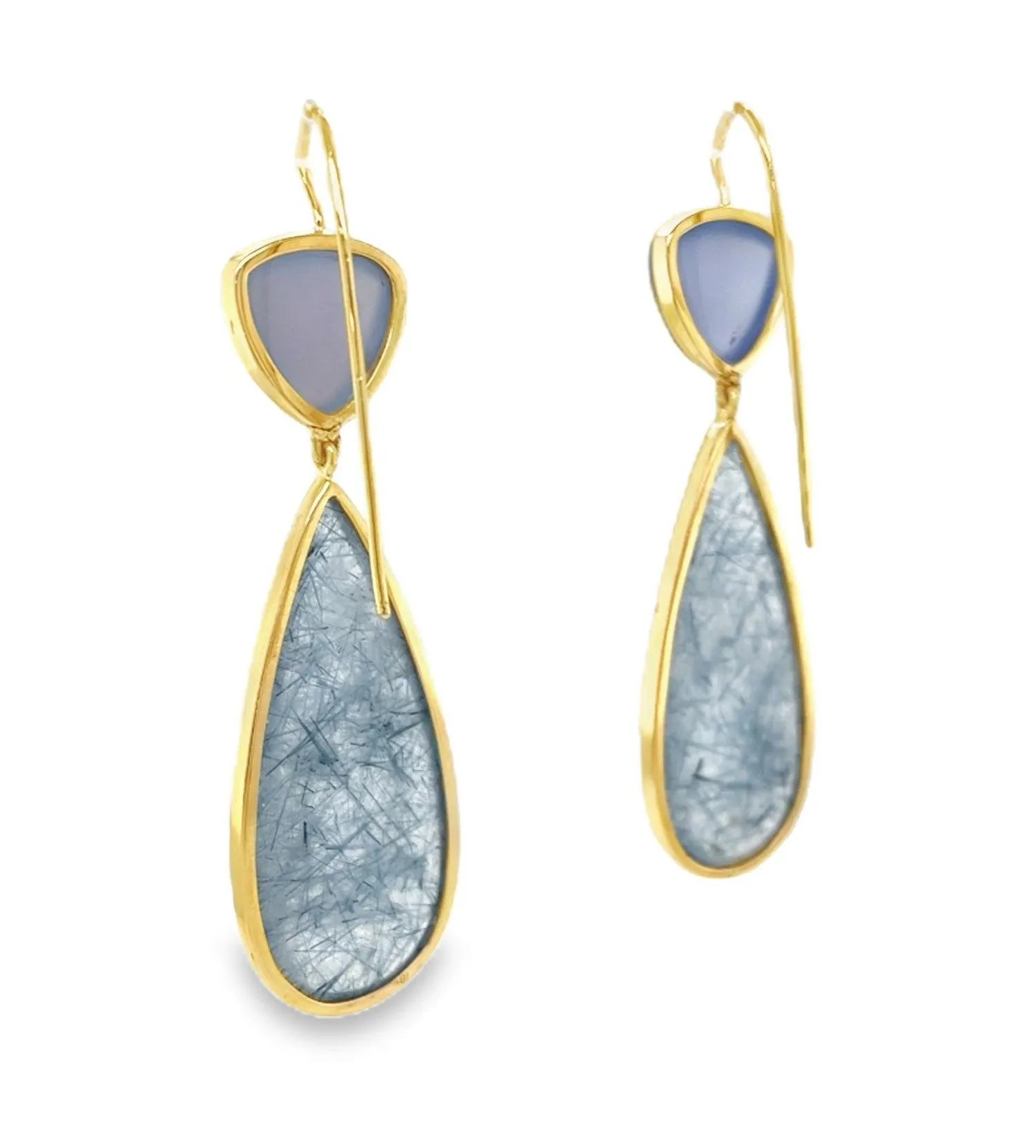 Actinolite and Chalcedony Dangle Earrings in Yellow Gold, 52.66 Carats Total