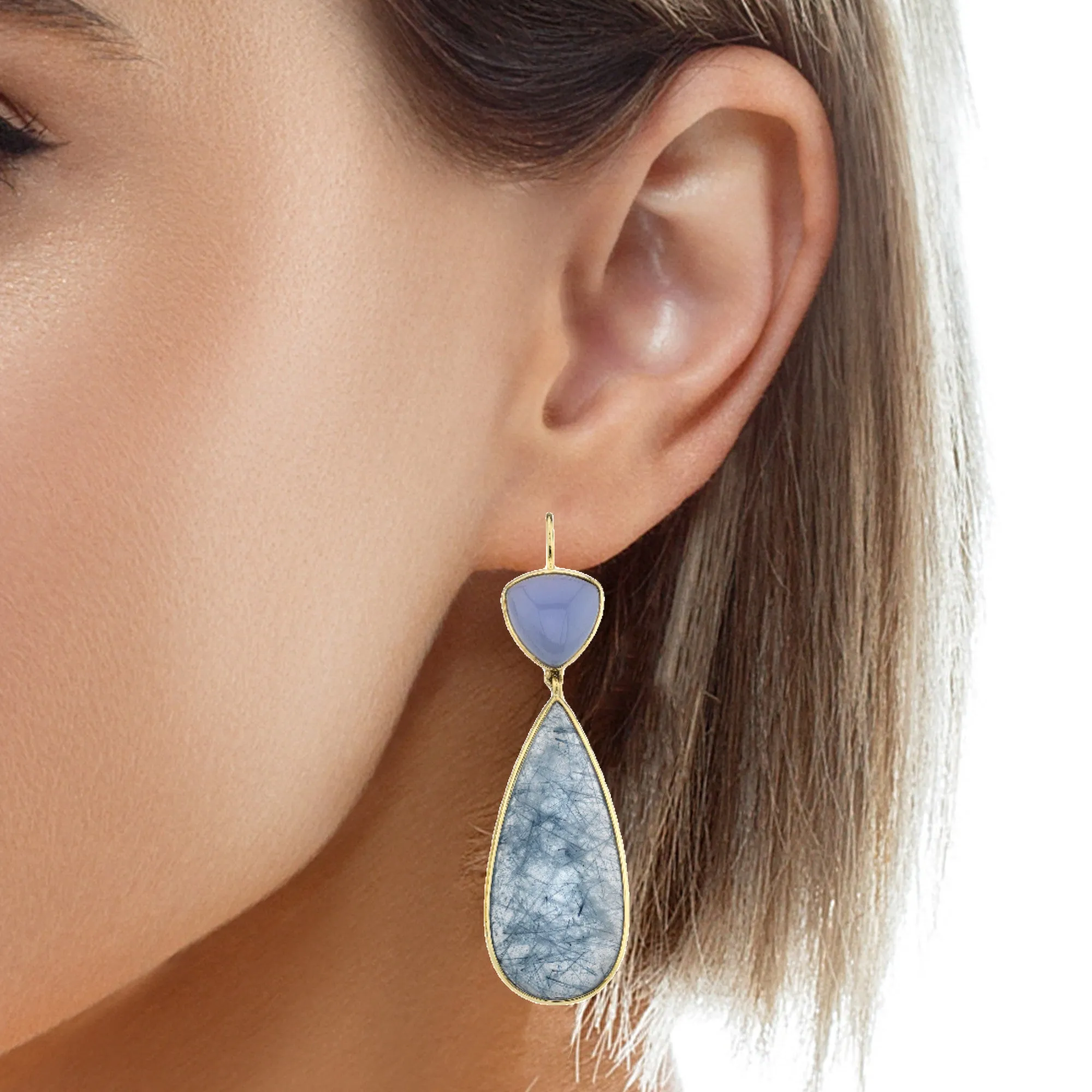 Actinolite and Chalcedony Dangle Earrings in Yellow Gold, 52.66 Carats Total