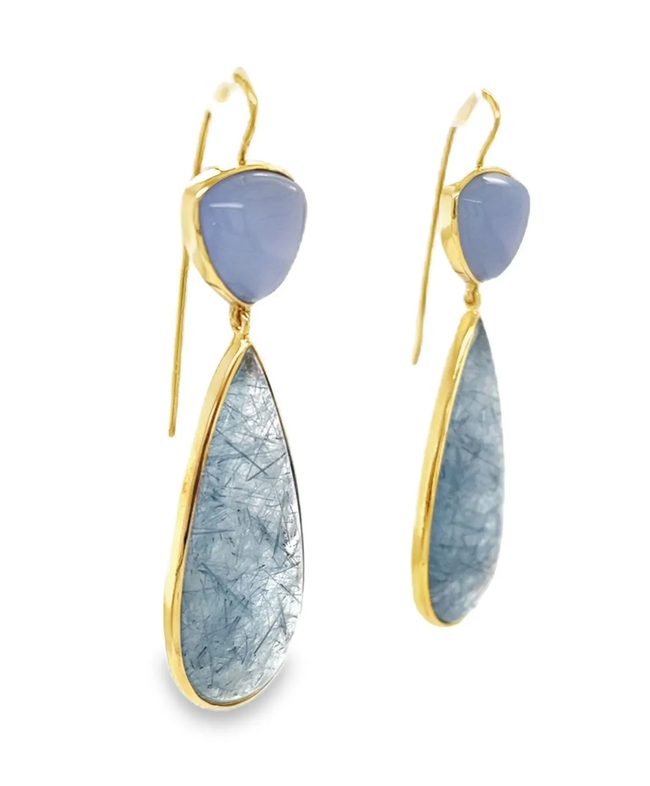 Actinolite and Chalcedony Dangle Earrings in Yellow Gold, 52.66 Carats Total