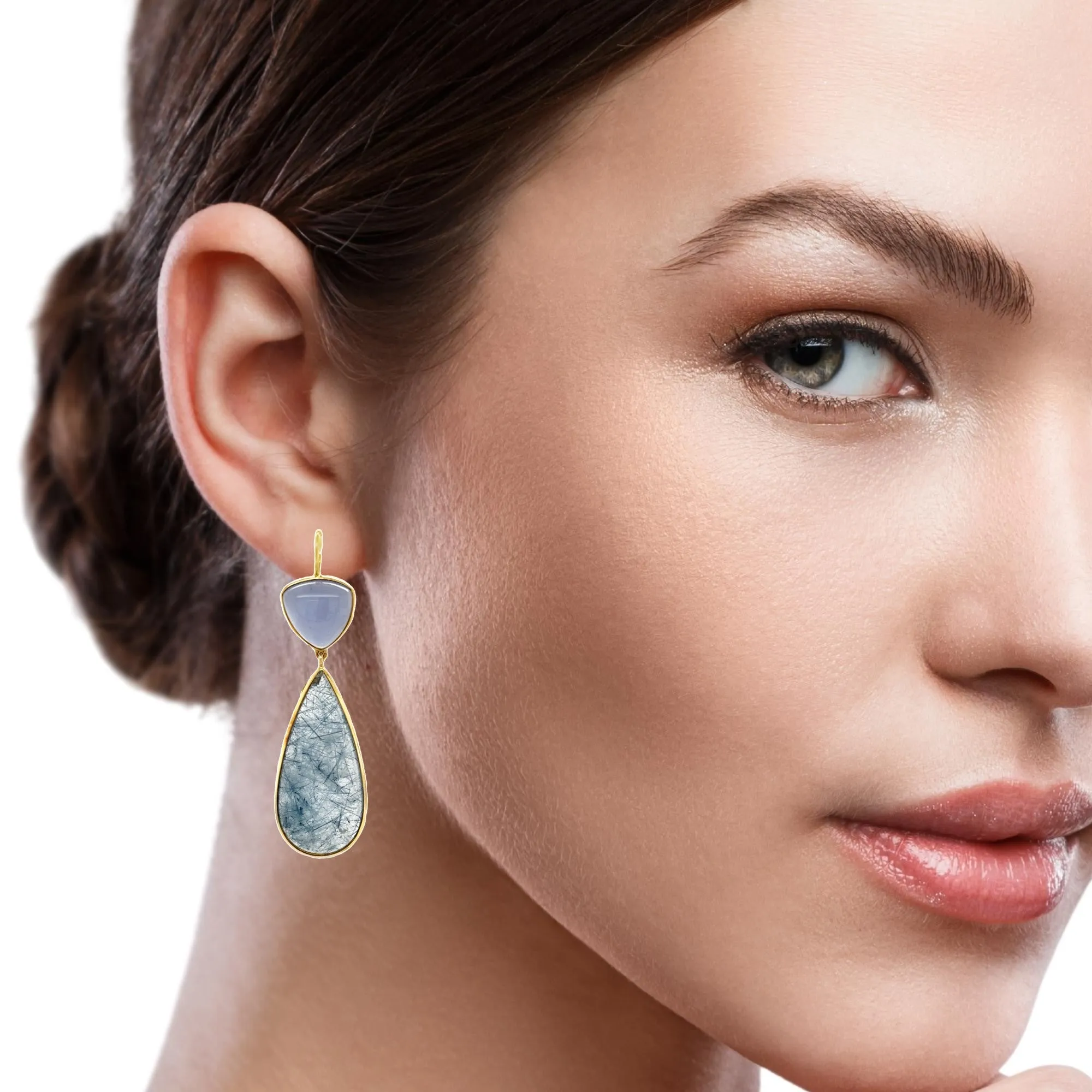 Actinolite and Chalcedony Dangle Earrings in Yellow Gold, 52.66 Carats Total