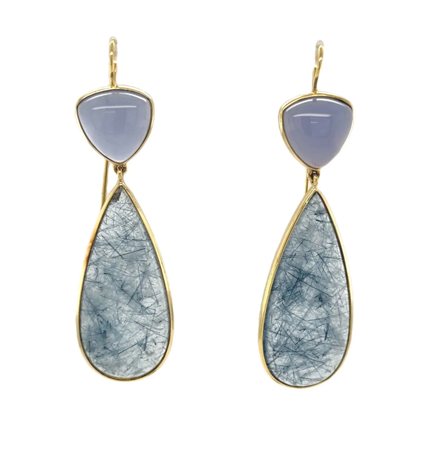 Actinolite and Chalcedony Dangle Earrings in Yellow Gold, 52.66 Carats Total
